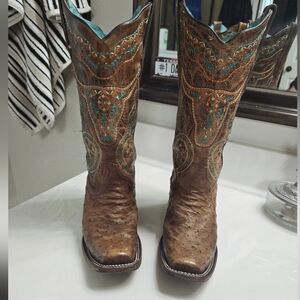 Women's Corral Embroidered Steer Skull Boots- Genuine Ostrich
